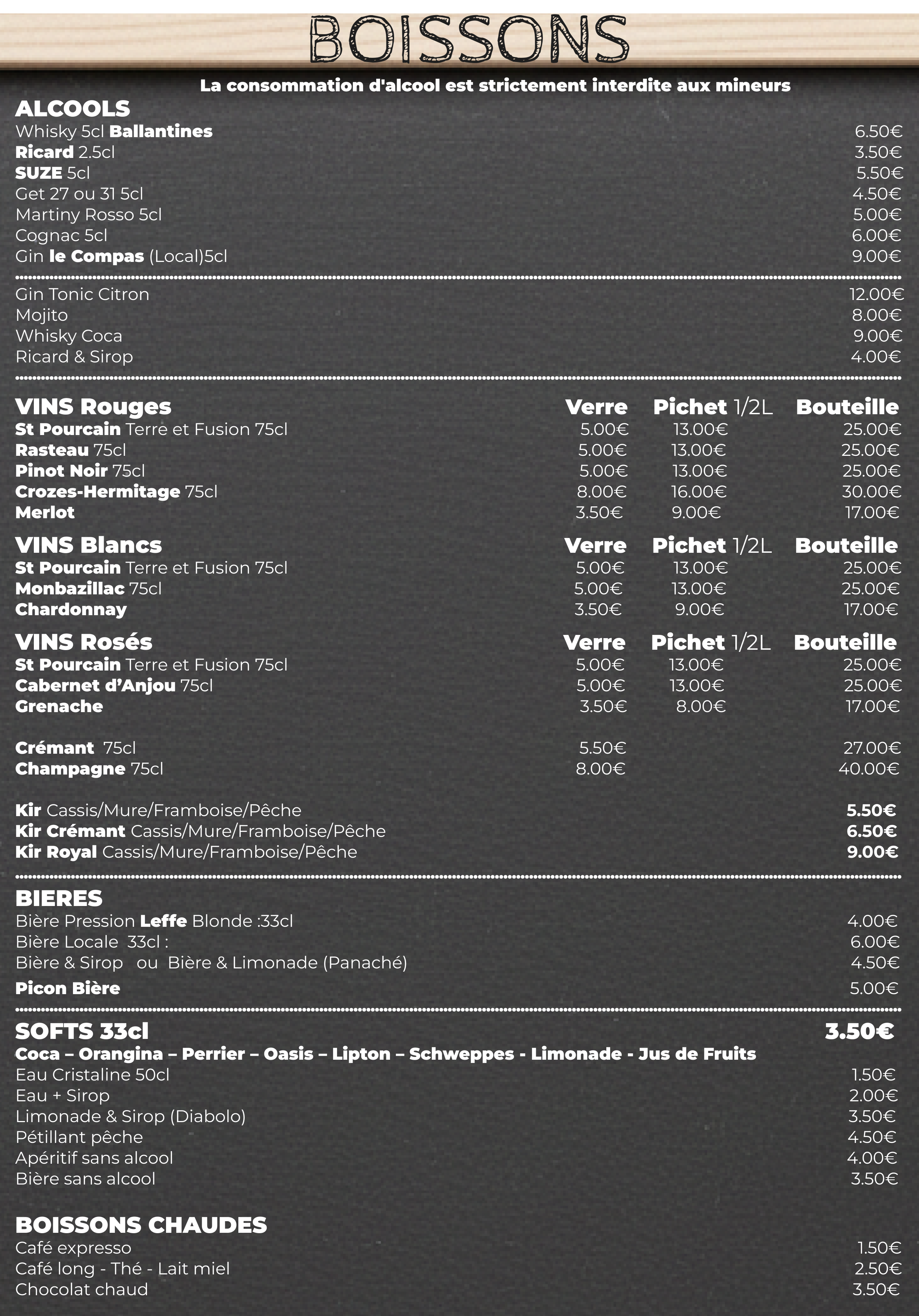 Photo de la carte des boissons du Bar de l'Auberge de Charron