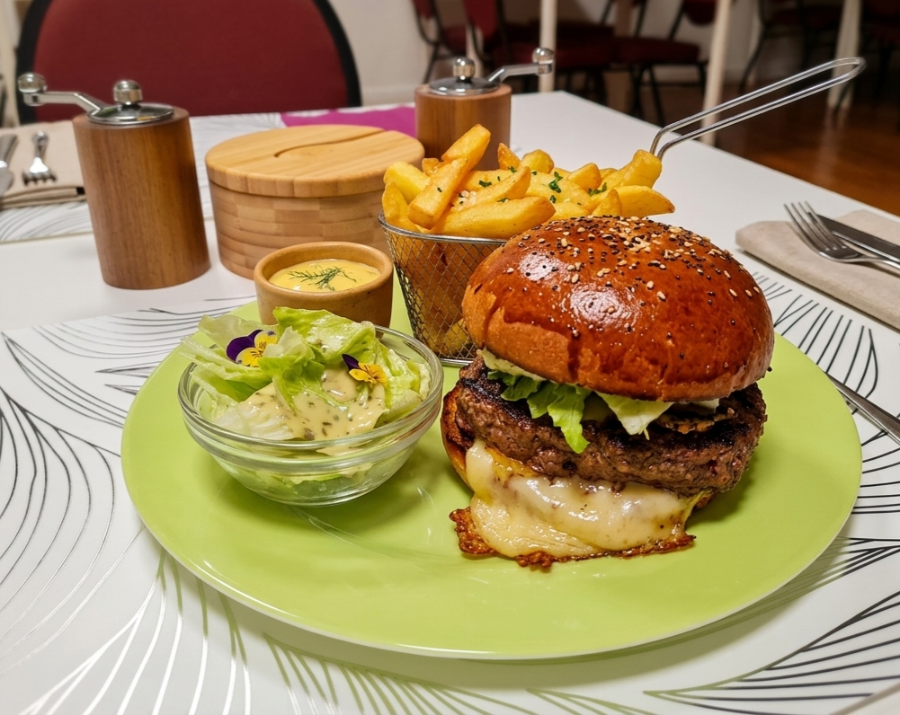 Photo d'un burger de l'Auberge de Charron sa mayonnaise maison et son accompagnement frites et salade verte