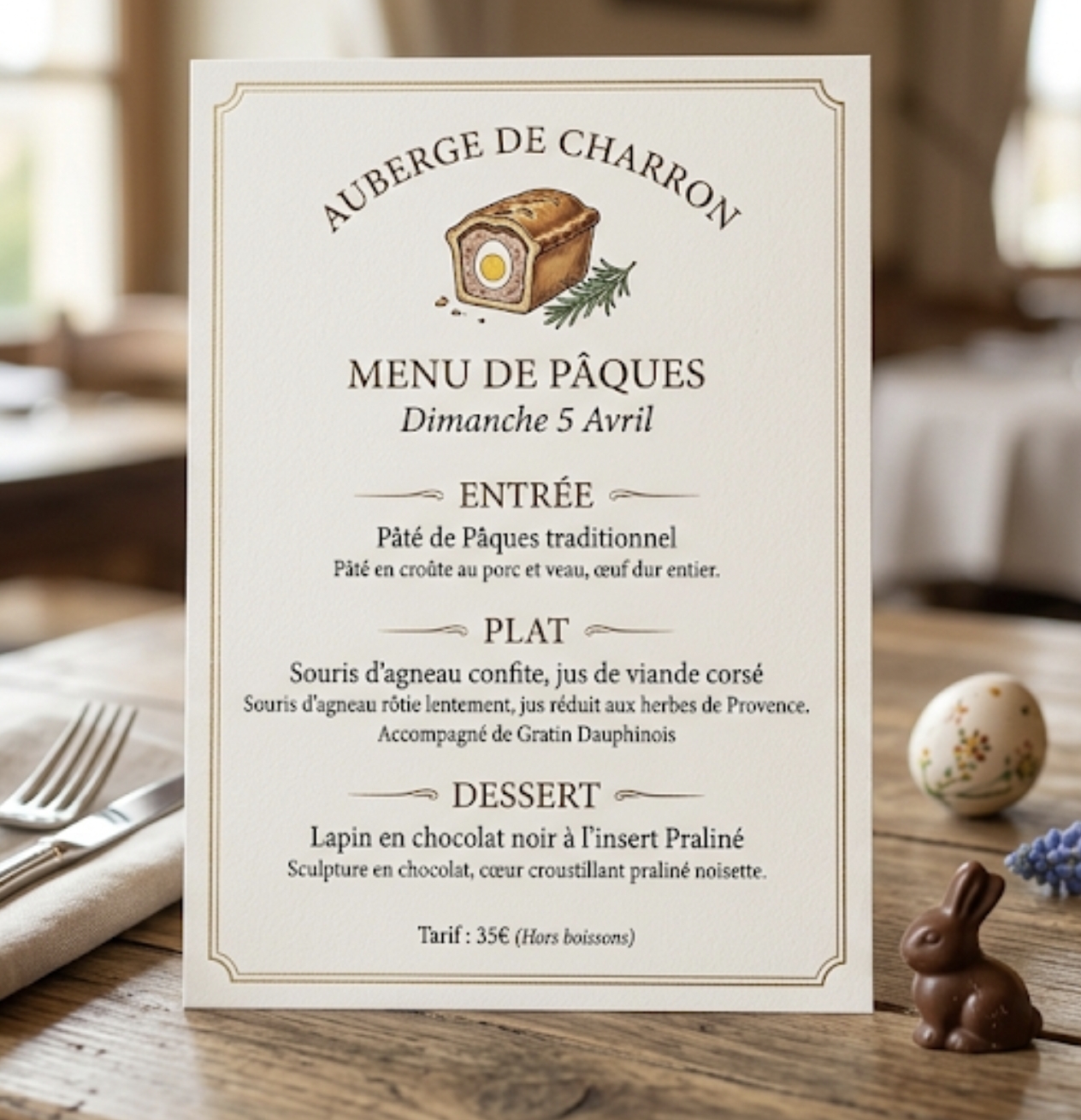 Photo de l'affiche présentant le menu de la fête de Pâques Dimanche 5 avril 2026 à l'Auberge de Charron