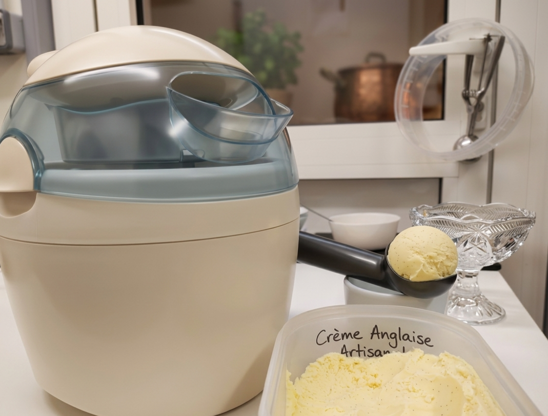 Photo d'une sorbetière et d'une boule de glace artisanale de l'Auberge de Charron