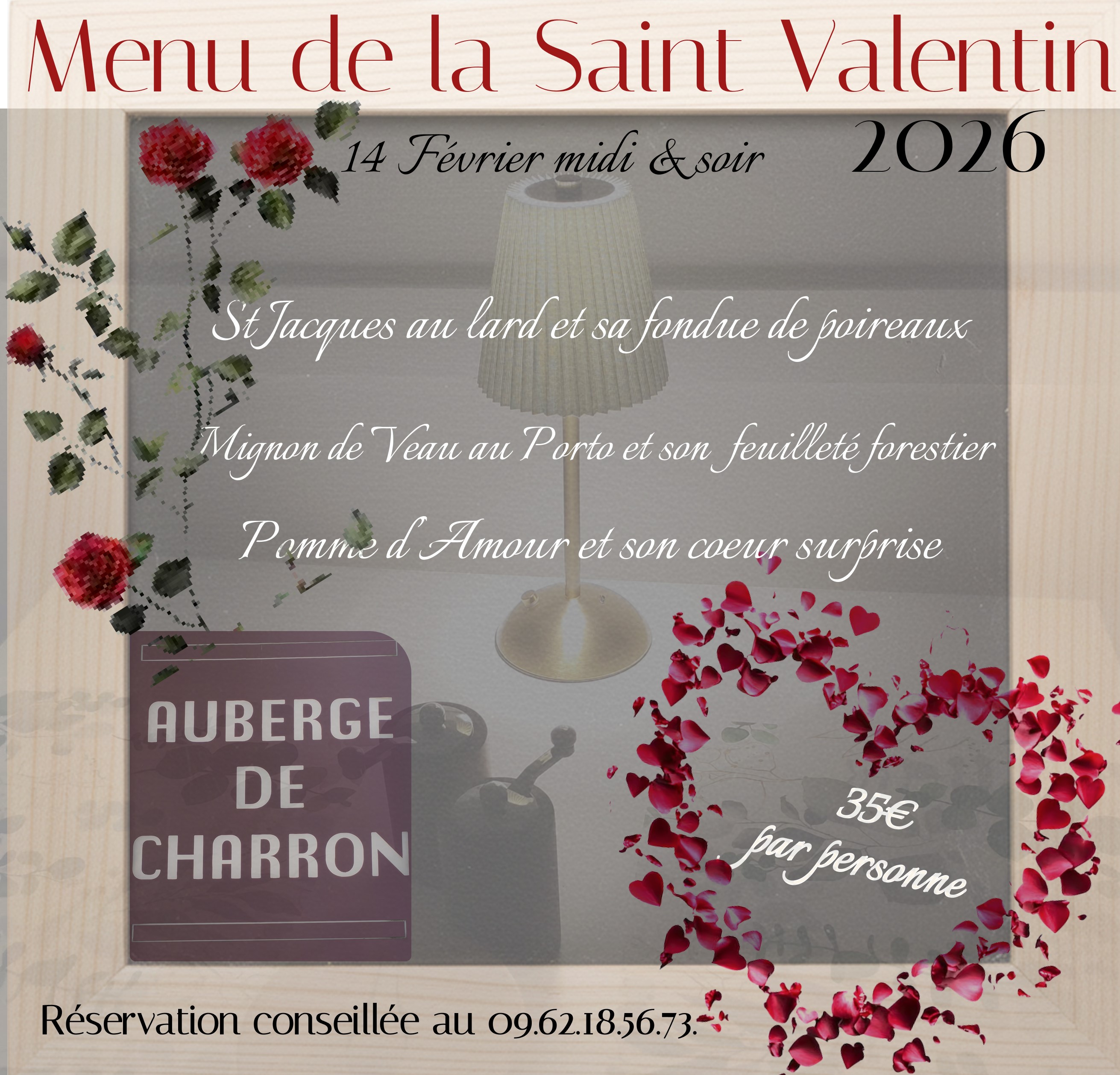 Photo de l'affiche présentant le menu de la Saint Valentin 2026 à l'Auberge de Charron