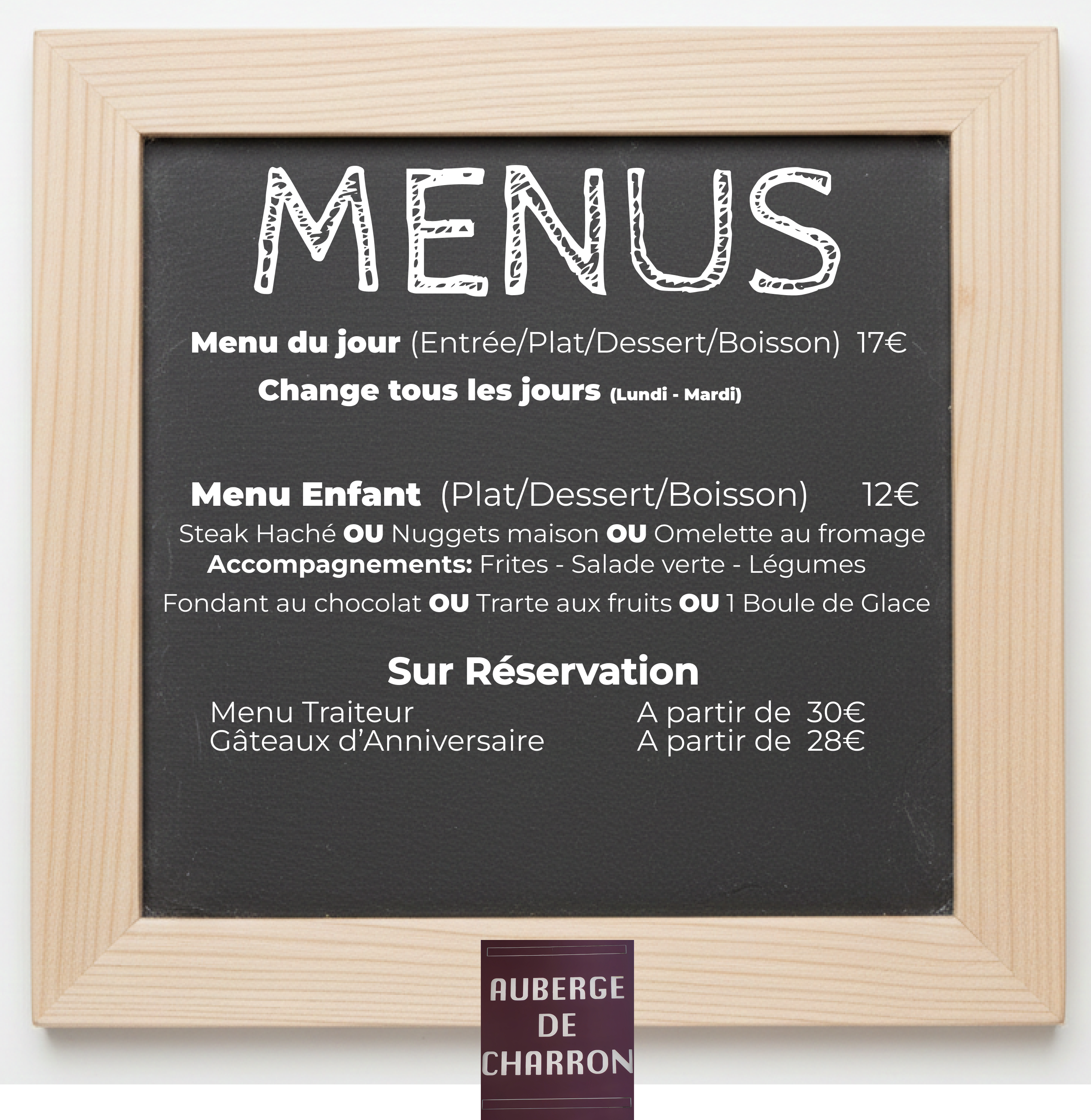 Photo de la carte des menus de l'Auberge de Charron en Creuse