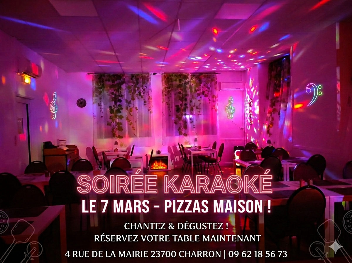 Photo de l'affiche présentant la soirée karaoké le 7 mars 2026 à l'Auberge de Charron